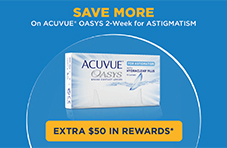 Welcome First Time and Returning Wearers  SAVE MORE on Acuvue® OASYS 2-Week for Astigmatism  Extra $50 in REWARDS*  Only Acuvue® Contact Lenses for Astigmatism are BLINK STABILIZED® to provide you excellent comfort and clear, stable vision all day long. Use promo code OASYSFA on eligible 6 month and annual supply purchases. Claim your reward in 4 easy steps!  1) Purchase your eligible supply of Acuvue® Oasys 2-week for Astigmatism 2) Register for MyAcuvue on MyAcuvueRewards.com  3) Complete online reward form and enter promo code OASYSFA within 60 days of purchase 4) Mail in product-purchase receipt to complete submission: Merkle Inc. PO Box 5085, Kalamazoo, MI 49003-5085 (if required). For full terms and conditions visit: https://acuvue.com/rewardsterms.  Valid through December 31, 2024.